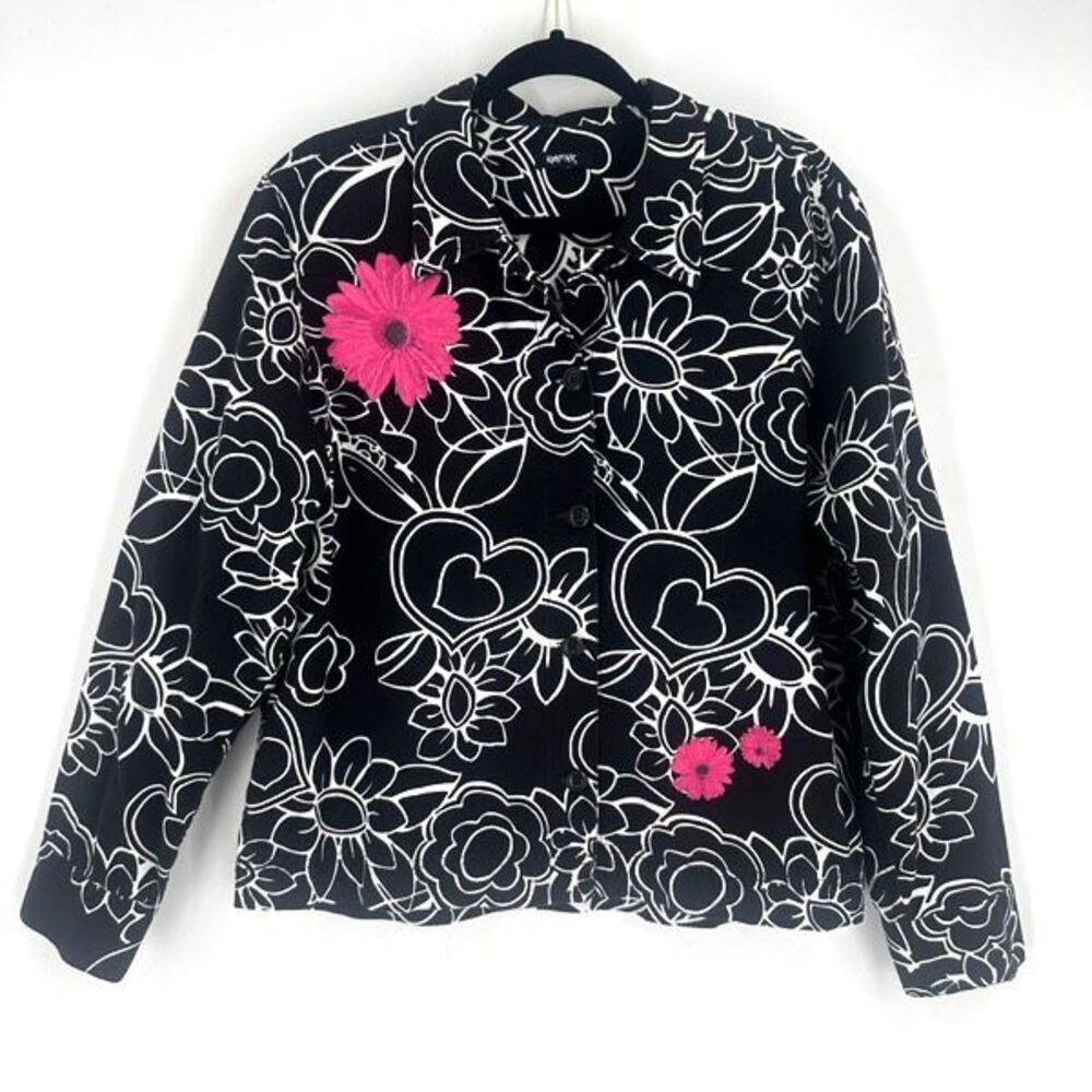 Krazy Kat Y2K Geometric Floral Appliqué Black/White Button Down Jacket Size L